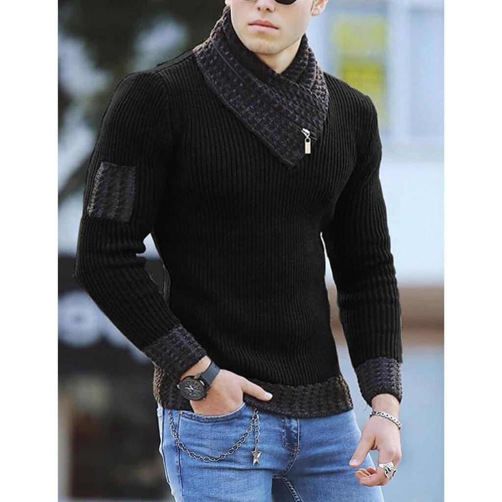 Men's Casual Solid-color Patchwork Style Long-sleeved High-neck Sweater, Men's Fitted Knitted Pullover, Scarf Collar Sweater
