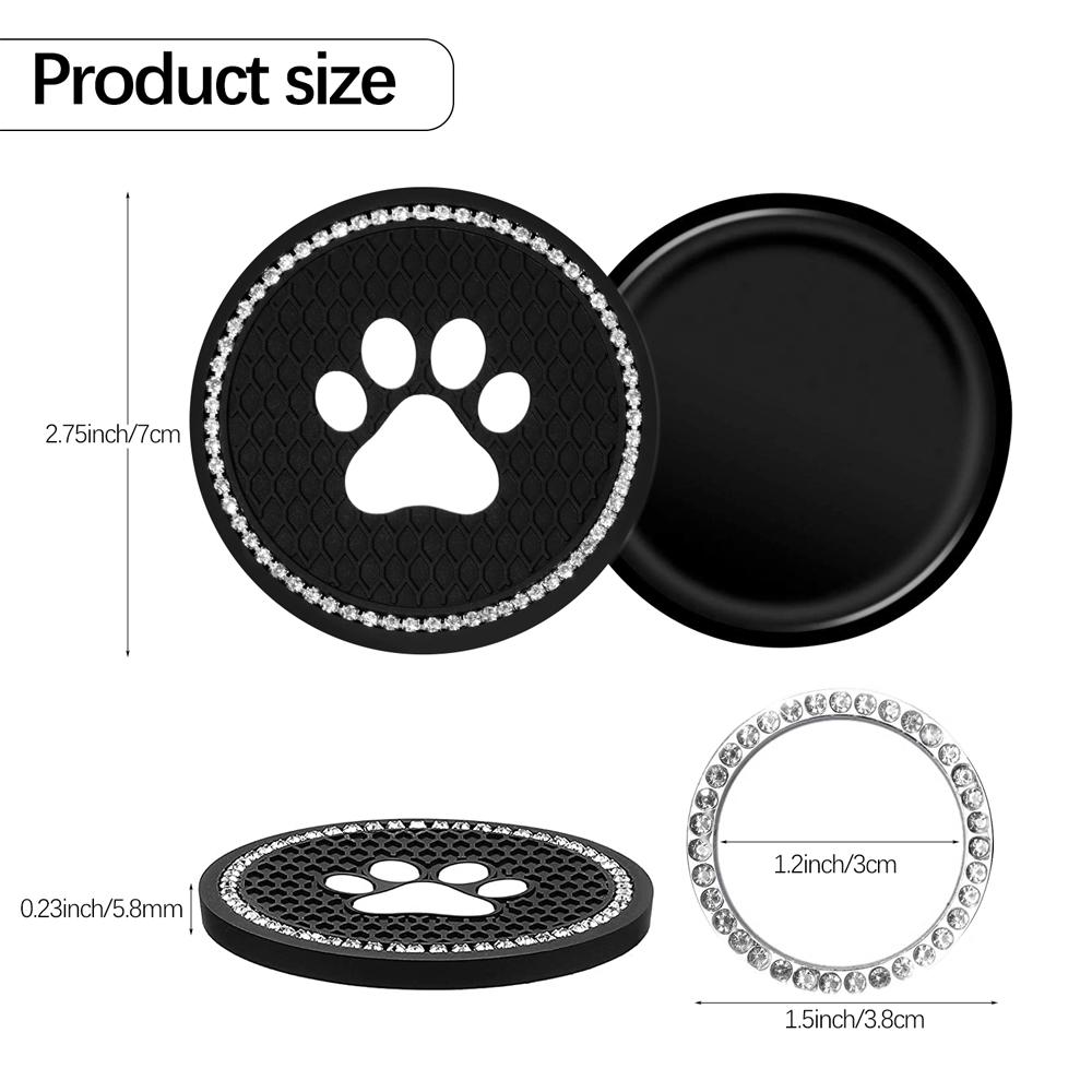 7CM Round Cup Holder Dog Paw Pattern Rhinestone Soft Silicone Anti Slip Mats Bling Crystal Car Coasters Interior Accessories
