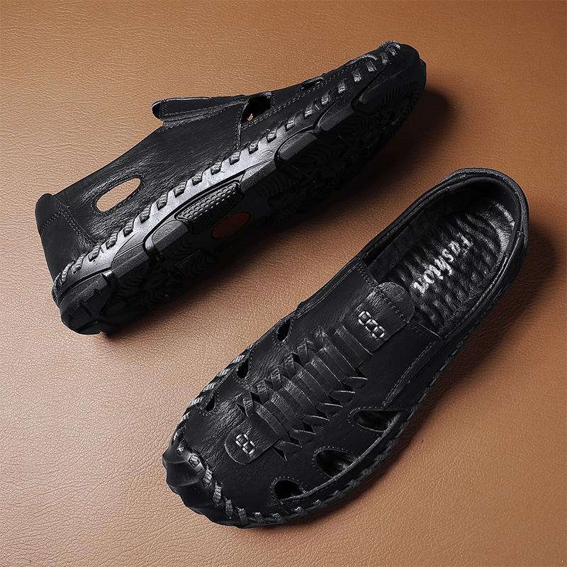 2025 Summer Casual Shoes Men Hollow Breathable Handmade Leather Sandals  Designer Shoes Male Solid Color Daily Shoes Man