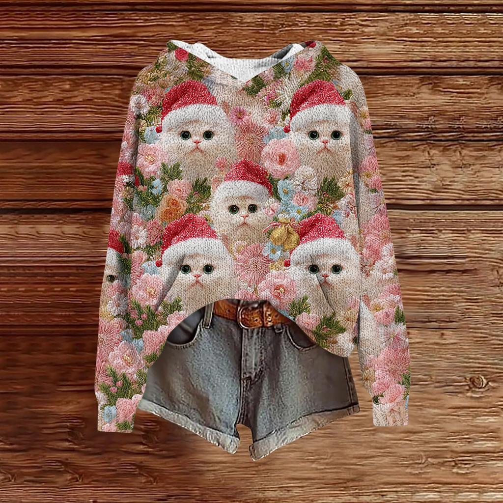 Women's Fashion Casual Long Sleeve Christmas Print Hooded Knitted Sweatshirt