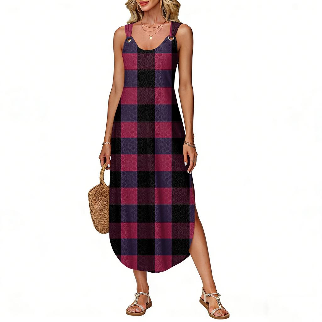 Women's Summer Long Dress, Sleeveless with Side Slits, Long Plaid Printed Vest Dress