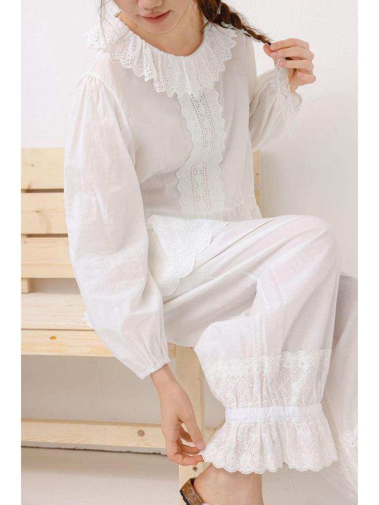 2026 New Style Women's Pure Cotton Long Sleeve Doll Shirt with Lace Collar and Heavy Embroidery