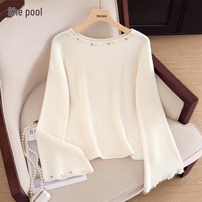 

Women s Beaded Drop-Shoulder Pullover Knit Sweater One Size