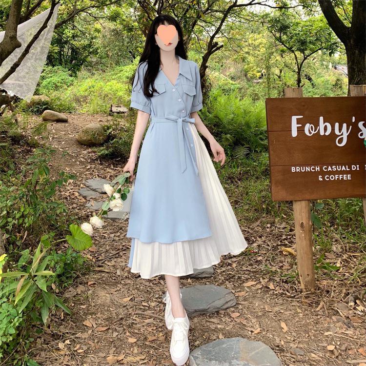 Elegant Two-Piece V-Neck Shirt Dress - Literary Style Summer Maxi for Women