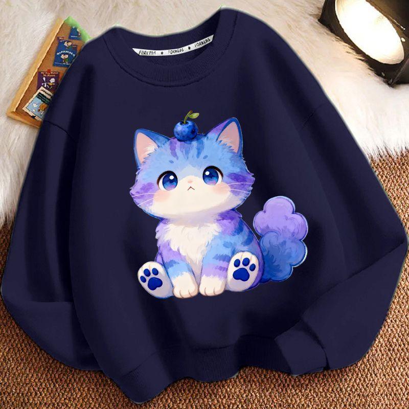 Children's Fashionable Cartoon Kitten Hoodie for Autumn and Winter, Casual Long-sleeved Round-neck Top for Boys and Girls