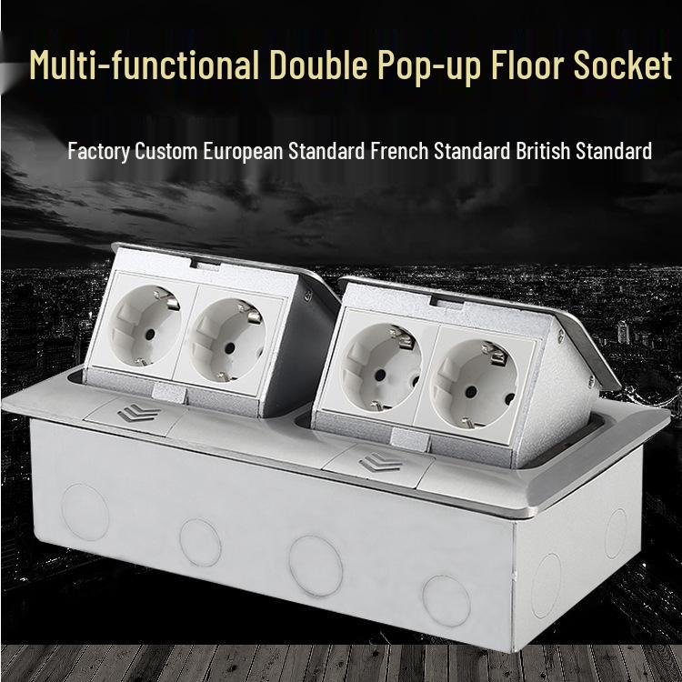 German Standard Multi-functional Pop-up Aluminum Floor Socket with Network and Four-way European Outlets