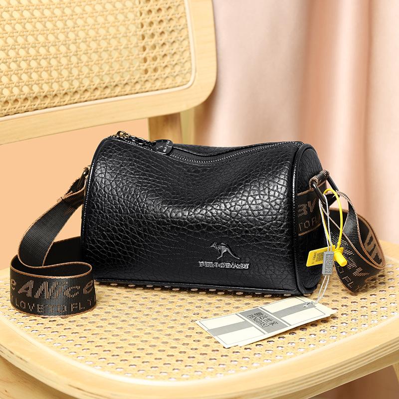 Soft leather women's bag first layer cowhide cylinder bag trendy fashion wide shoulder strap single shoulder messenger bag fashion