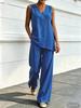 European and American Women's Casual V-neck Sleeveless Bamboo Hemp Top and Wide-leg Pants Two-piece Set