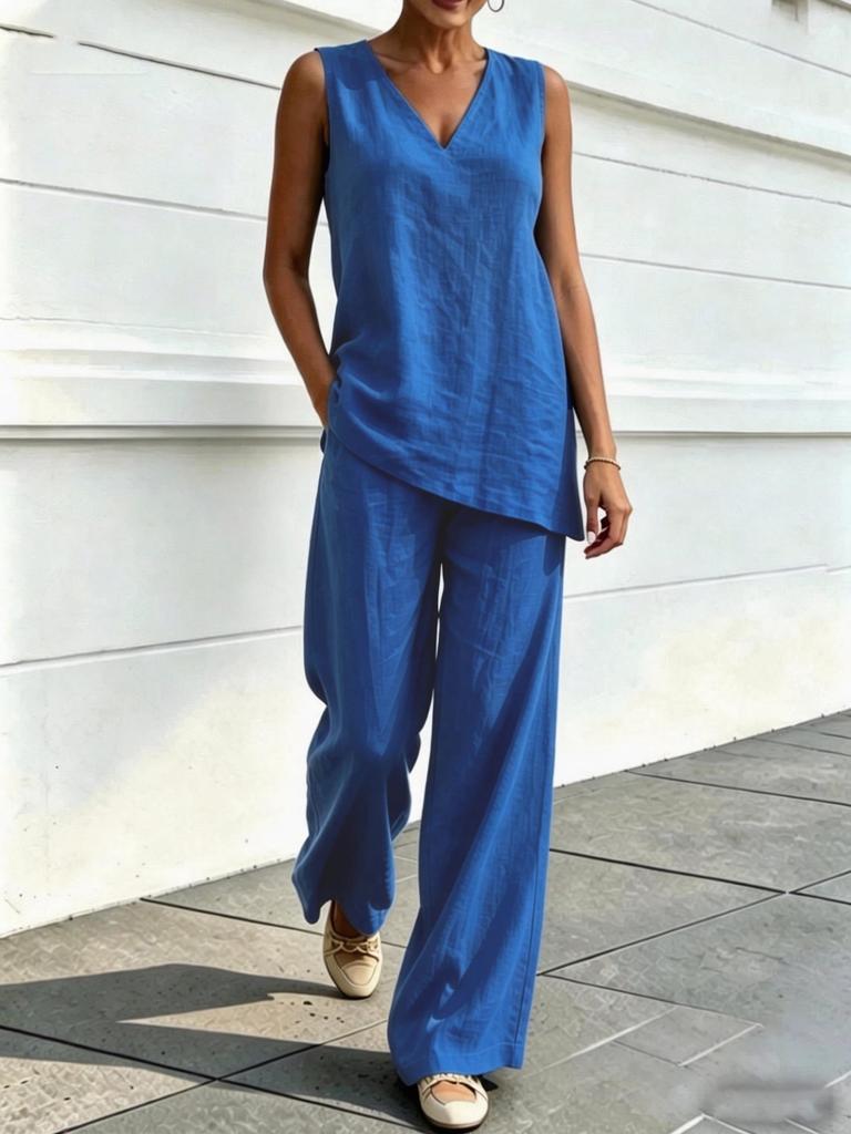 European and American Women's Casual V-neck Sleeveless Bamboo Hemp Top and Wide-leg Pants Two-piece Set