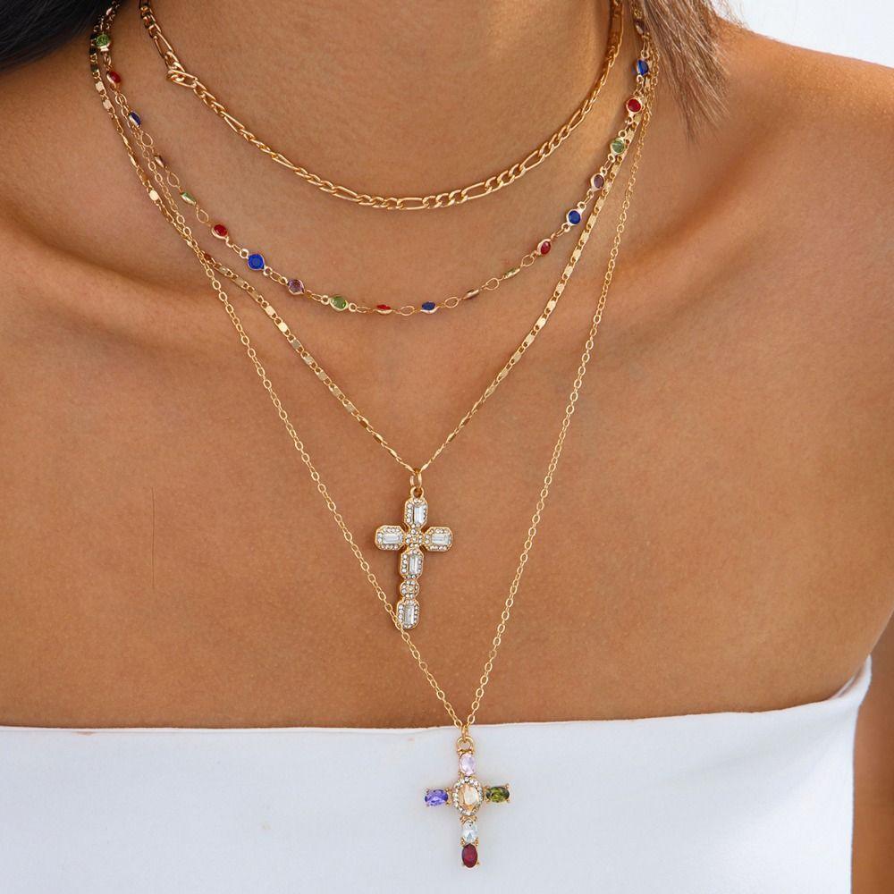 Layered Style Colorful Crystal Necklace Colorful Crystals Ins Style Necklace  Trendy Style
