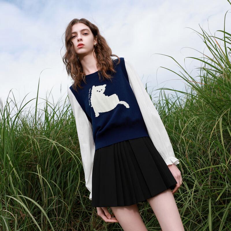 Sancai 2026 Spring Women's Faux Two-Piece Knit Pullover with Cat Patch