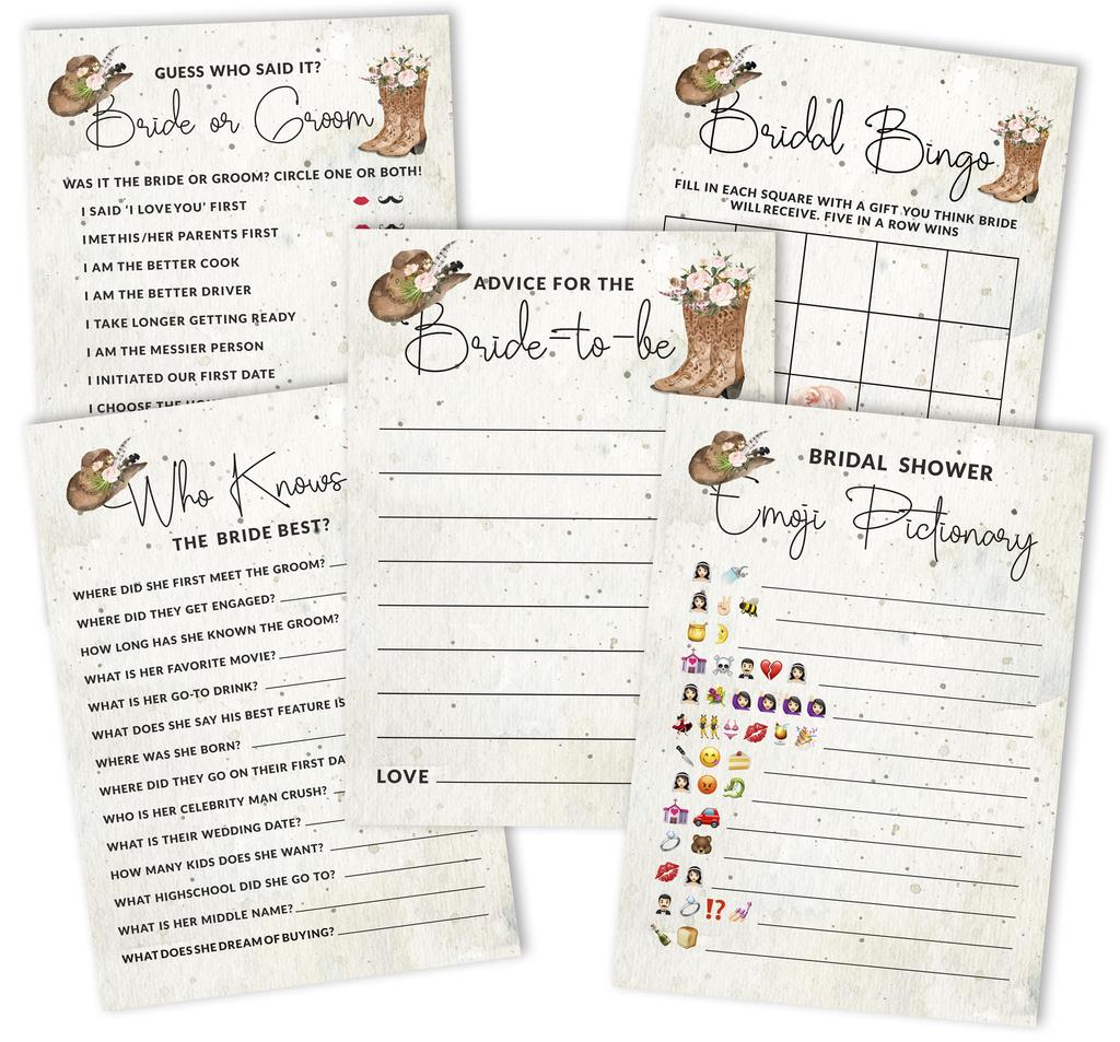 Inkdotpot Bridal Shower Games Set of 5 (Activities for 50 Guests) Cowgirl Theme Fun Bachelorette Party Games Set Bundle