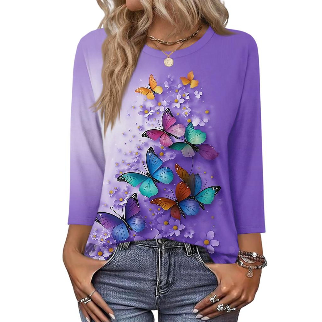 343/4 Sleeve Shirts For Women Cute Print Graphic Tees Blouses Casual Plus Size Basic Tops Pullover
