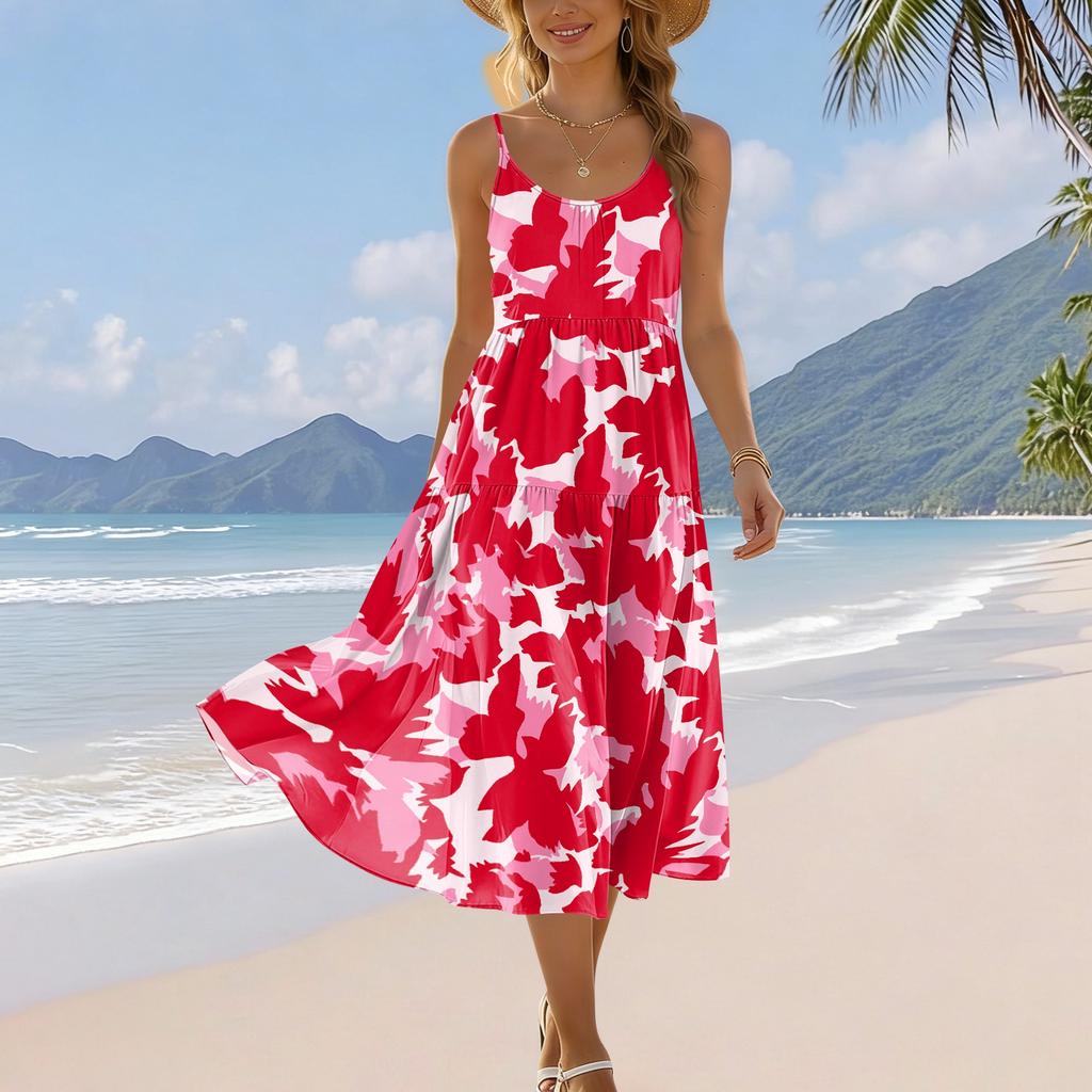 Women Bohemian Floral Print Sleeveless Adjustable Strap Pocket Midi Dress for Summer Beach Holiday Casual Wear