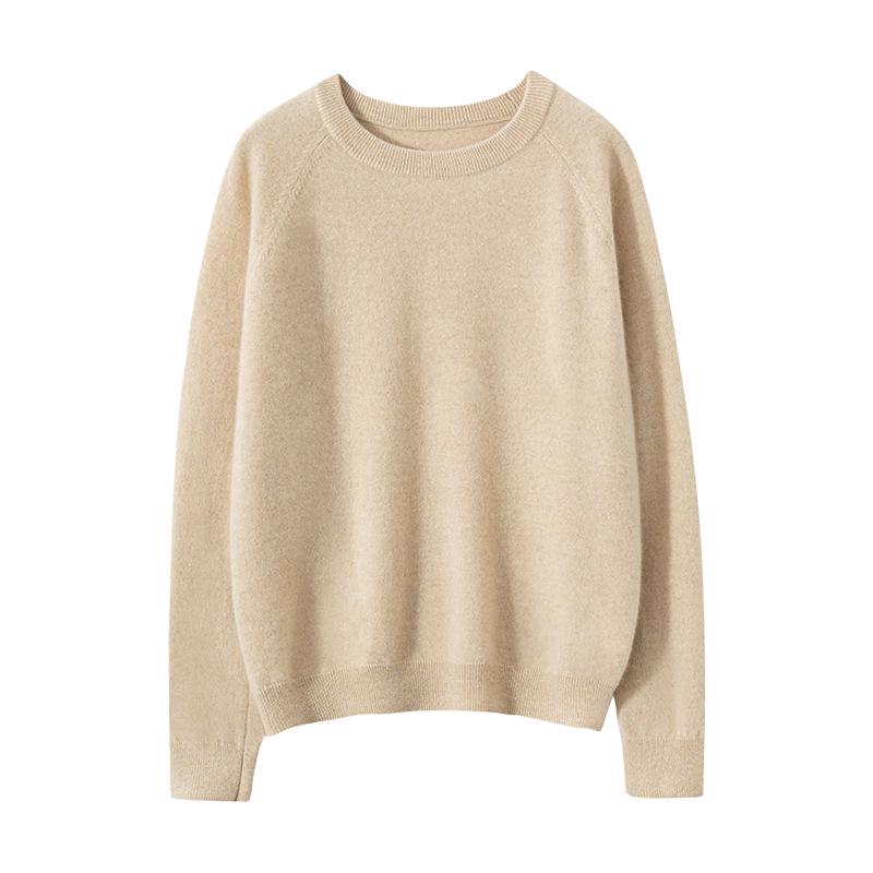 Women's 100% Cashmere Loose Knit Round Neck Sweater - Solid Color Basic Layer