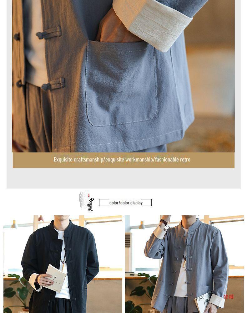 Men's Cotton & Linen Tang Suit: Ancient Style Chinese Meditation & Tea Suit, Zhongshan Hanfu for Spring, Summer, Autumn.