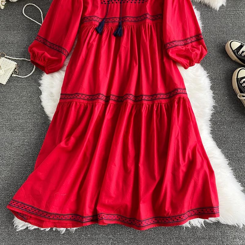 RUGOD Vestido largo con cordones y borlas con cuello en V y bordado étnico Retro para viajes y vacaciones vestido largo de temperamento de moda de manga larga