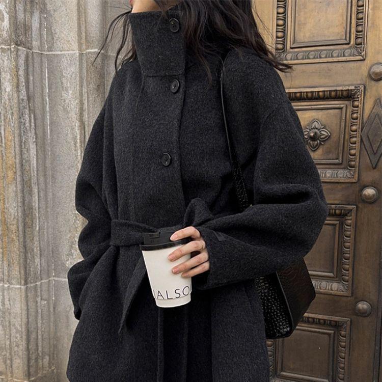 Palton de lână neagră pentru femei, cu două fețe - Mărimi mici, scurt, guler înalt pentru toamnă/iarnă