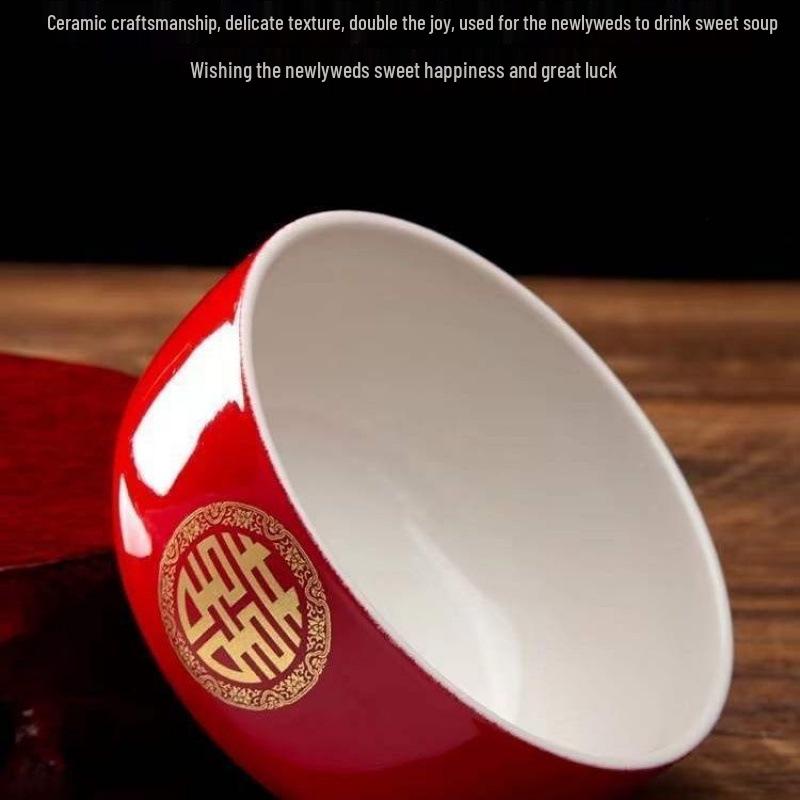 Double Happiness Red Wedding Bowl Set - Dowry and Dumpling Pair with Character Design
