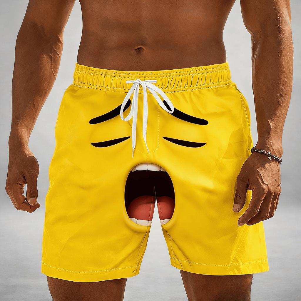 Men's Bright Yellow Print Drawstring Shorts, Spring Summer Fun Cartoon Casual Shorts, Pocket Beach Shorts