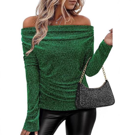 Kadın Tişört Omuz Dekolteli Uzun Kollu Dar Kesim Üstler Pul Payetli Düz Renk Esnek Üstler İş Partisi Günlük Giyim