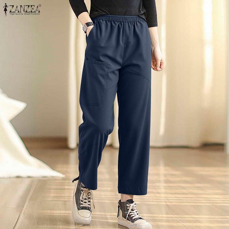 ZANZEA Women Casual Elastic Wasit Solid Color Loose Harem Pants