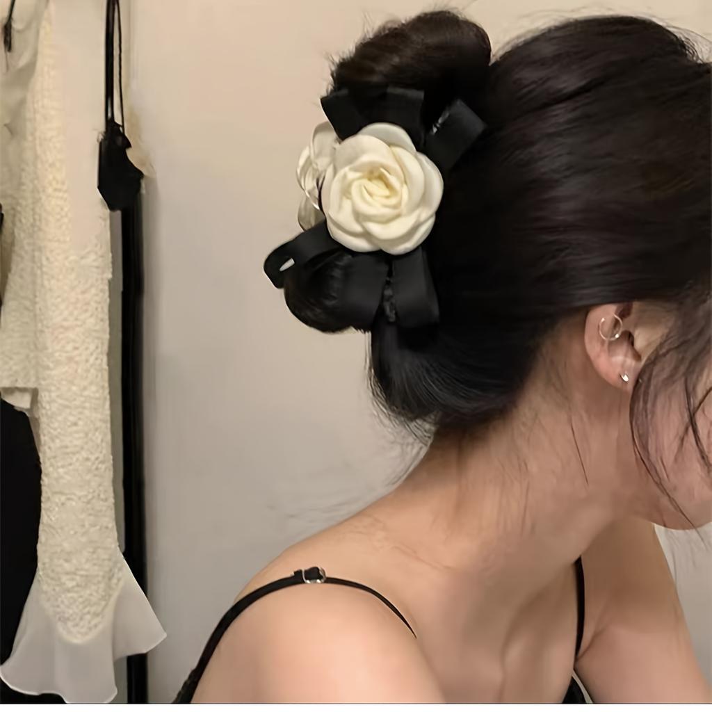 Elegant Floral Hair Claw Clip with White Camellia Flower and Black Bow - Plastic, Large Size, Birthday Festival Accessory