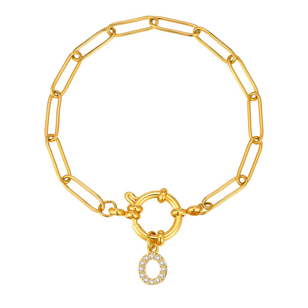 Bubble Buckle Zircon Initial A-Z Charm Bracelet, Stainless Steel Square Chain Bracelet for Women, 26 Letters Alphabet Jewelry