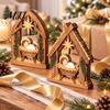 Stable Solid Wood Crafts 3Pcs Wooden Nativity Scene Decor, Christmas Manger Ornaments, Holy Family Vintage Style Xmas Ornaments Baby Jesus Tabletop