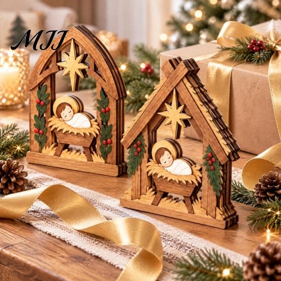 Stable Solid Wood Crafts 3Pcs Wooden Nativity Scene Decor, Christmas Manger Ornaments, Holy Family Vintage Style Xmas Ornaments Baby Jesus Tabletop