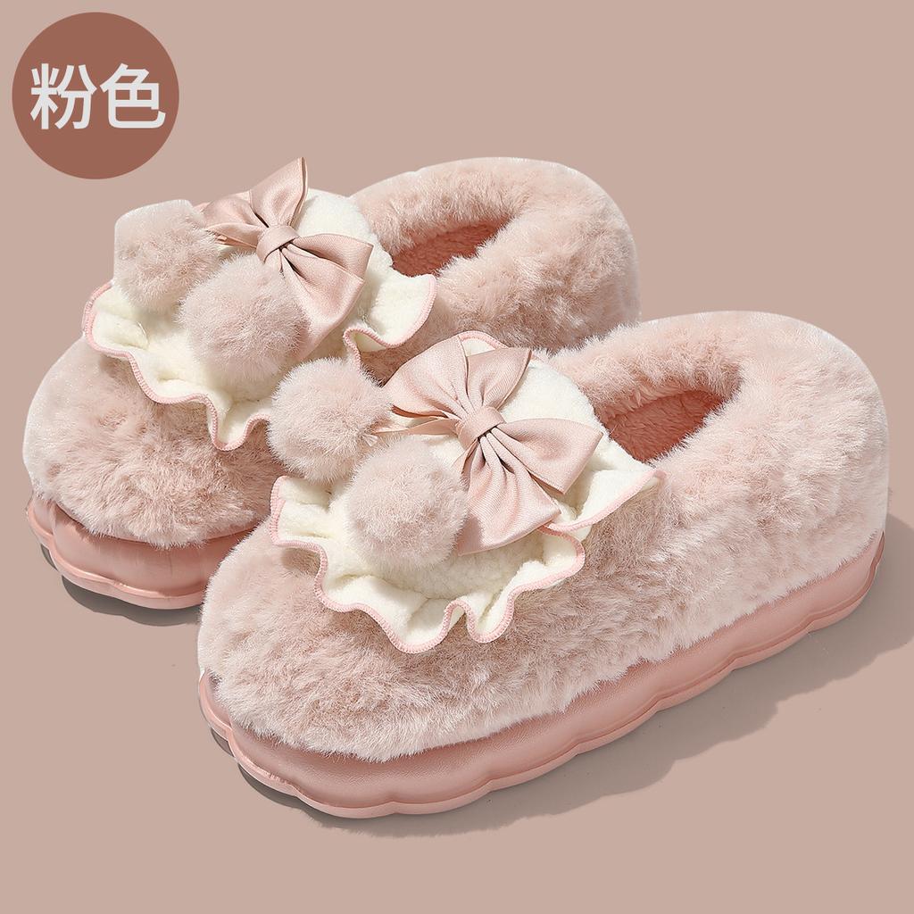 Heel cotton slippers winter bow indoor home non-slip piled thickened bottom fluffy cotton shoes