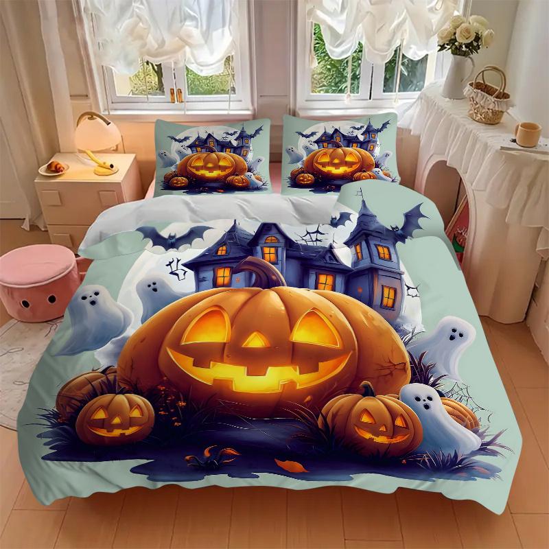 3pcs Pumpkin Halloween Printed Duvet Cover Set (1 * Cover+2 * Pillowcase, Without Core), Suitable for Home Bedroom, Guest Room, Dormitory Decorat
