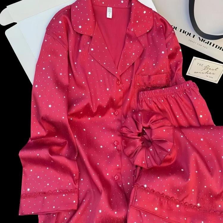 Women s Luxury French Ice Silk Pajama Set - Long Sleeve, Wearable Outdoors, Spring/Autumn XL