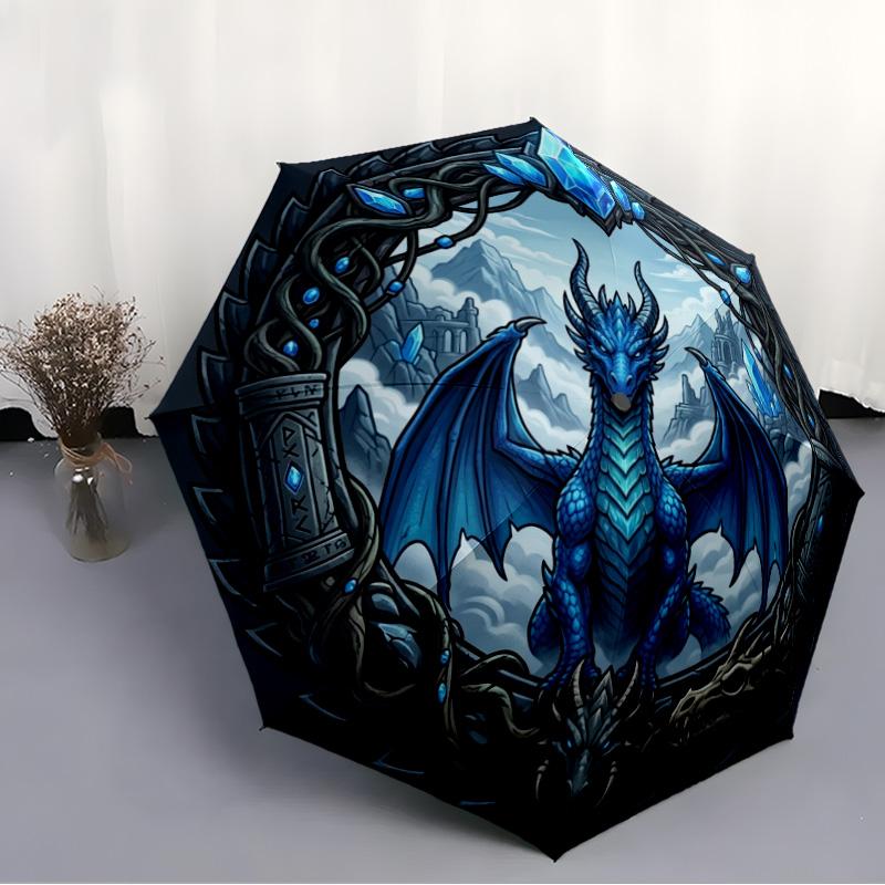 Blue Dragon Fantasy Art pattern umbrella, portable and foldable design, 8 ribs, a casual accessory for Halloween, Christmas, and birthday gifts.