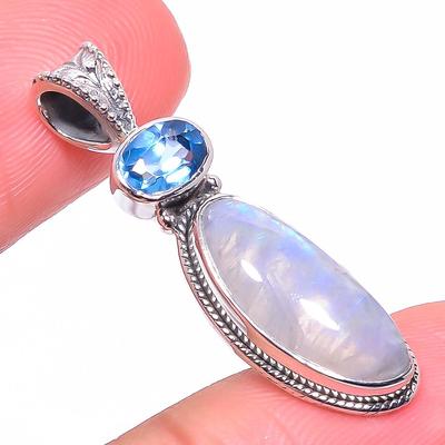 Natural Rainbow Moonstone,Blue Topaz 925 Solid Sterling Silver Pendant 1.4" G1l69