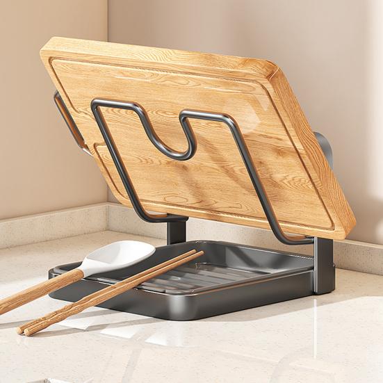 Pot Lid Holder with Drain Carbon Steel Utensils Pan U-Shaped Groove Design Kitchen Organizer Drip Tray