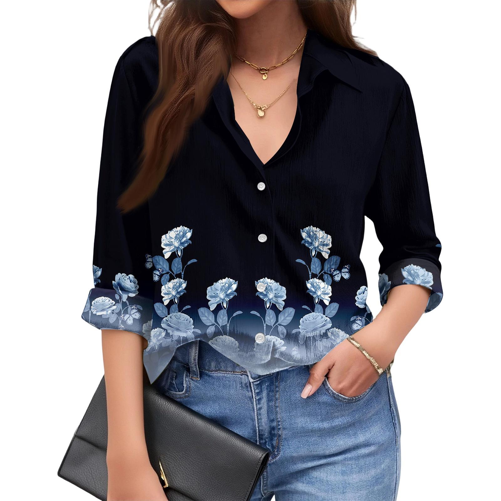 

Women s Fashionable Casual Loose Floral Print Long,sleeved Shirt XL