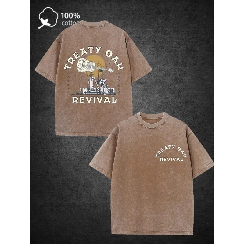 Men'S Washed Vintage Short Sleeve T-Shirt | Treaty Oak Revival Guitar Pattern, High-Quality Fashion Soft Comfortable, for Daily Wear, Festival Gift