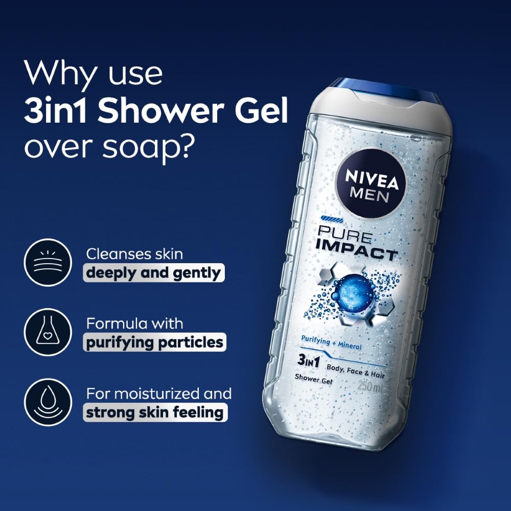 Nivea Männer Pure Impact Duschgel 500ml 3-in-1 Körper Gesichts Haarwäsche Mit Frischem Duft Und Feuchtigkeitsspendender Reinigung