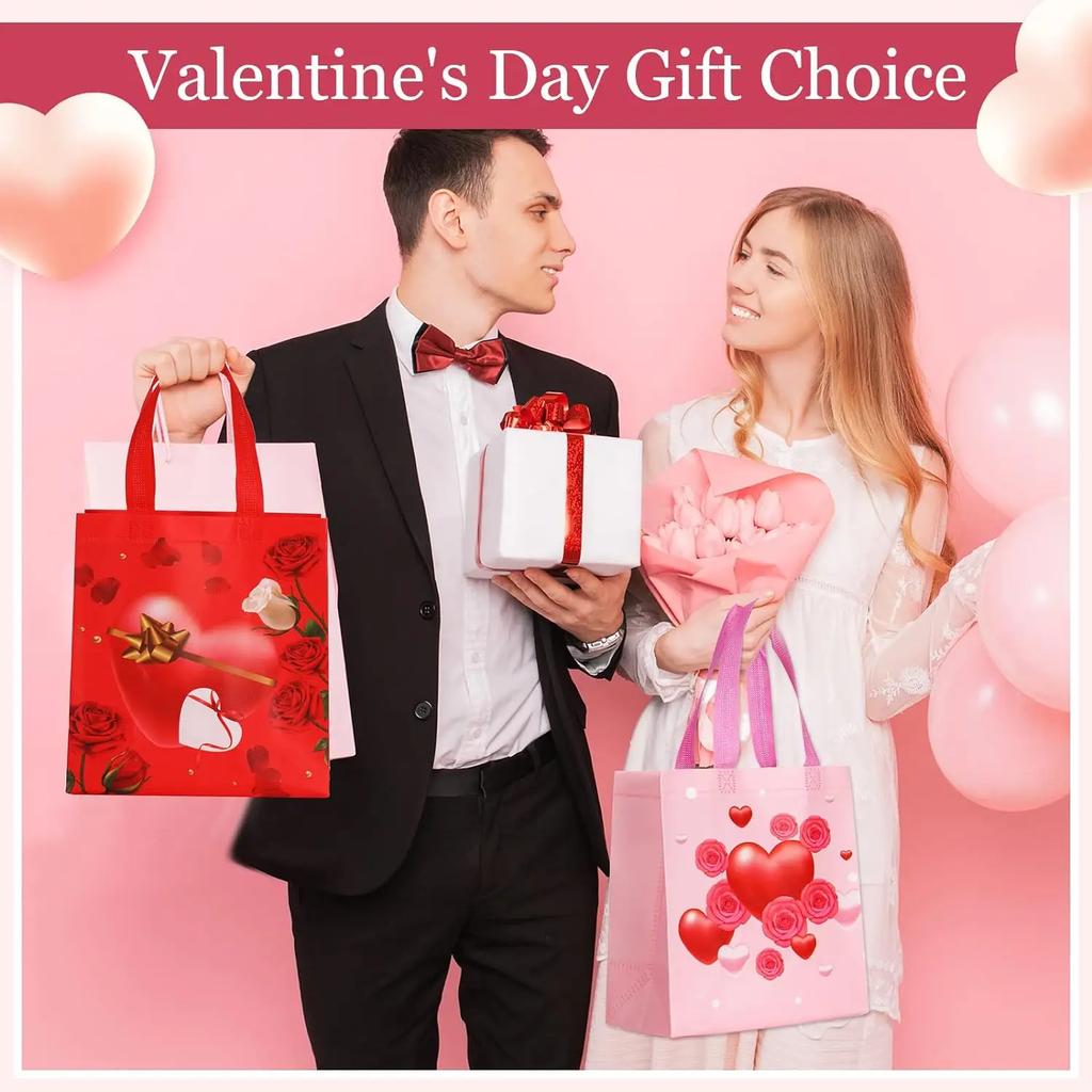 12-24PCS Valentines Day Gift Bag Shopping Tote Non Woven Heart Handle Reusable Foldable Party Wedding Birthday Packaging