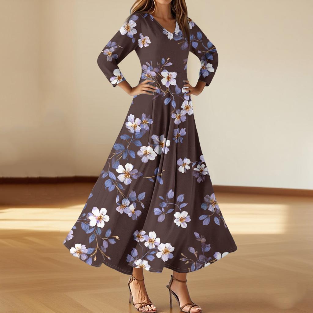 Women's Fashion V-Neck Floating Beach Dresses Seven Sleeve Floral Printed Dresses