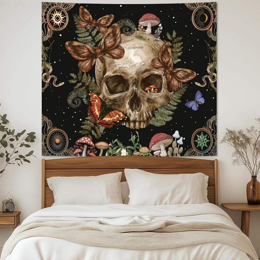 Halloween Gothic Bedroom Tapestry Retro Gothic Skull Flower Butterfly Printed Wall Tapestry Living Room Game Room Dormitory Deco