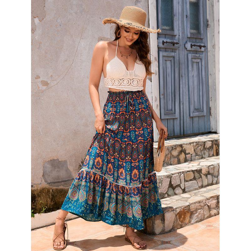 

Women Maxi Skirts Boho Long Flowy Floral Elastic Skirt Long dress Peacock Blue L
