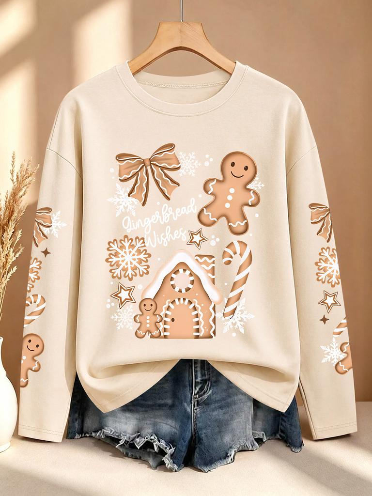 Women's Autumn and Winter Outfit Gingerbread House Candy Cane Bow Multiple Sleeve Printed Long Sleeve T-Shirt