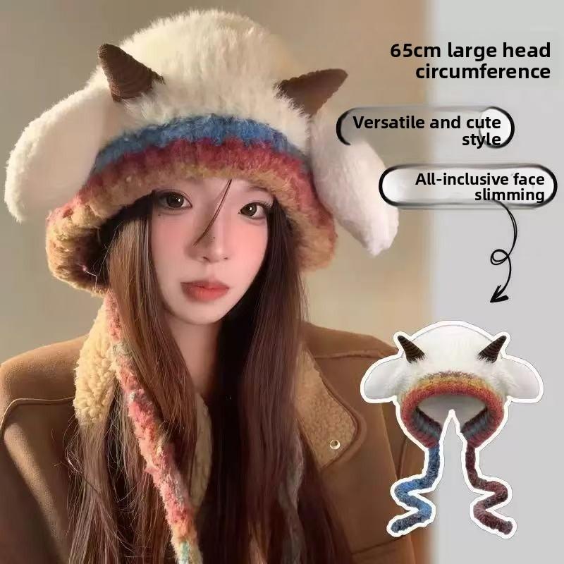 Cartoon cashmere hat, women's autumn and winter thermal straps, knitted ear protector