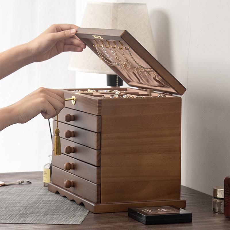High-End Vintage Solid Wood Multi-layer Jewelry Box with Lock - Large Capacity for Necklace & Ring Storage