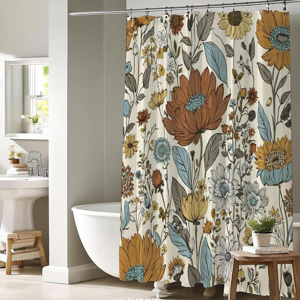 Boho Floral Shower Curtain 72x72 Inch Vintage Bohemian Flower Botanical Leaves Shower Curtain Set for Bathroom Retro Rustic Wate