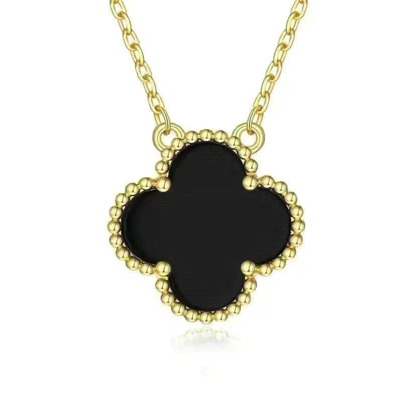 18K Gold-Plated V Design Four-Leaf Clover Necklace with Rose Red Chalcedony, Agate, and White Shell Pendant