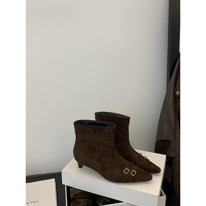 2025 Autumn and Winter Pointed Cat Heel Small Short Boots Low Heel Belt Buckle Thin Boots Women