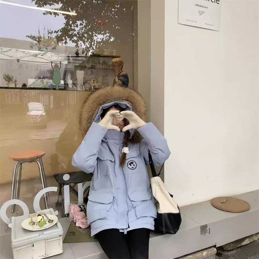Blue tooling down jacket women's winter new medium and long white duck down couple thickened pie to overcome the coat tide